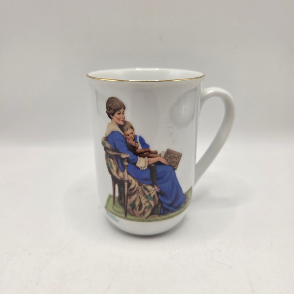 Norman Rockwell Museum Mug White Bedtime Mother‎ Child 1982 Gold Rim Americana